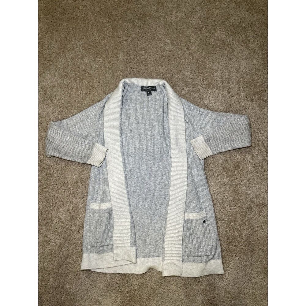 Womens Eddie Bauer Grey White Open Long Sleeve Cardigan Size Medium